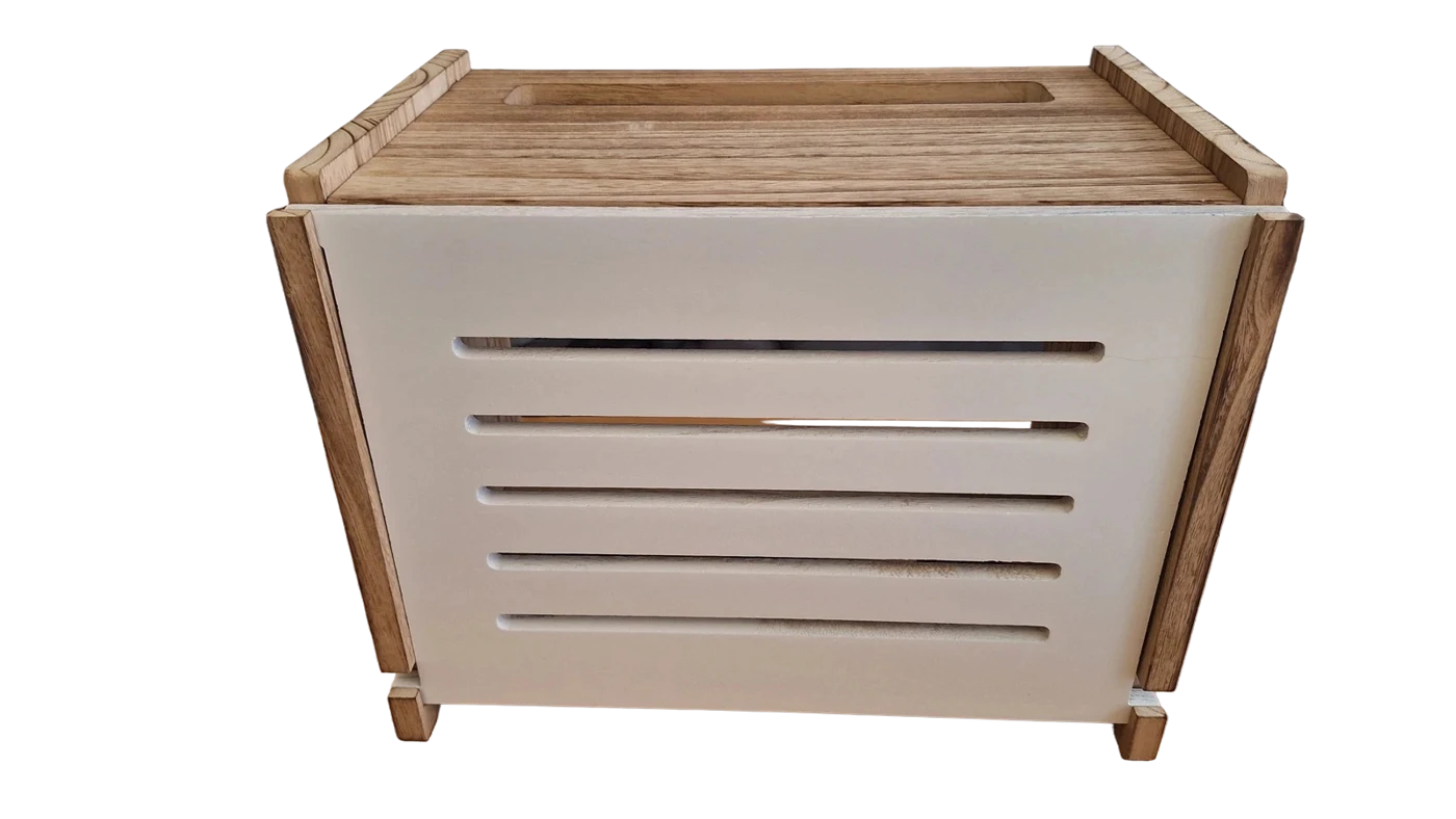 Margentia storage box with wood-effect panels and a white sliding front
